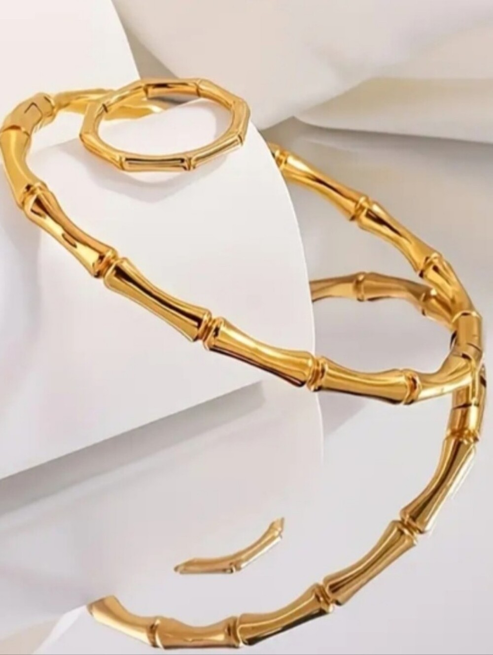18 KT Gold Over Titanium Bamboo Bracelet And Ring Set 7